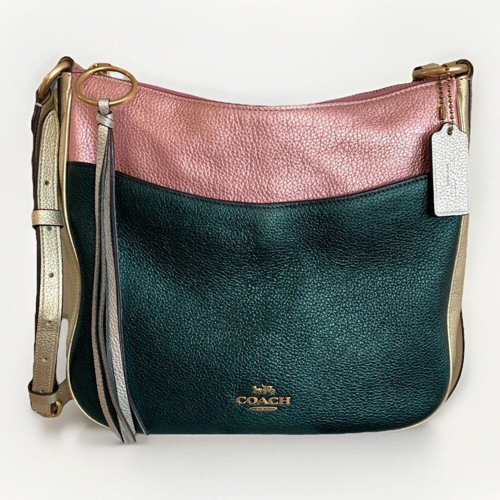 COACH Metallic Color Block Leather Chaise Pink Crossbody Bag Handbag C7206